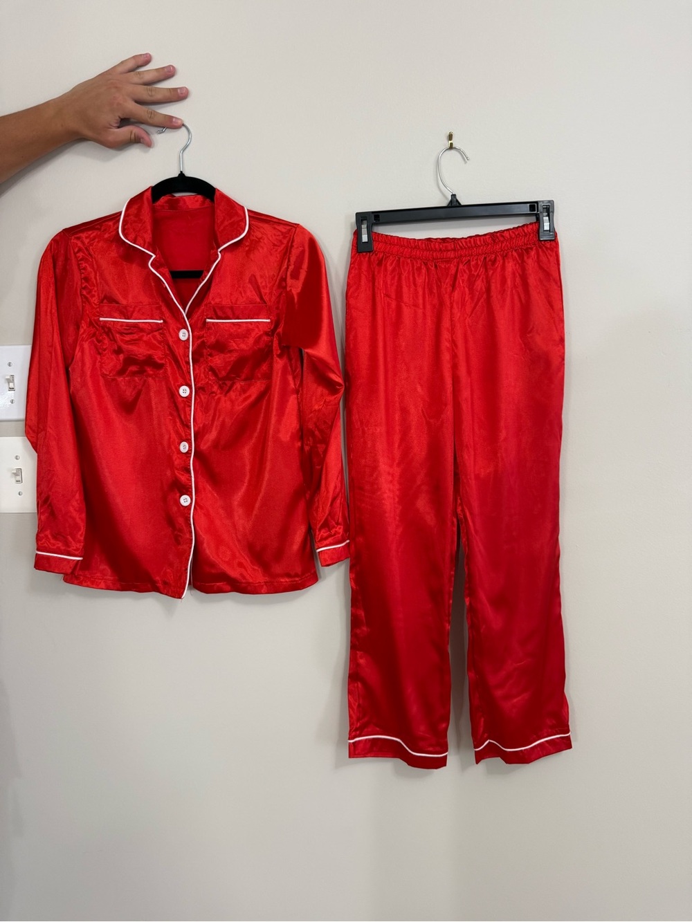 Womens Red Satin Like PJ Set Long Sleeve Button Down Pants 2 Piece SleepwearXS/S